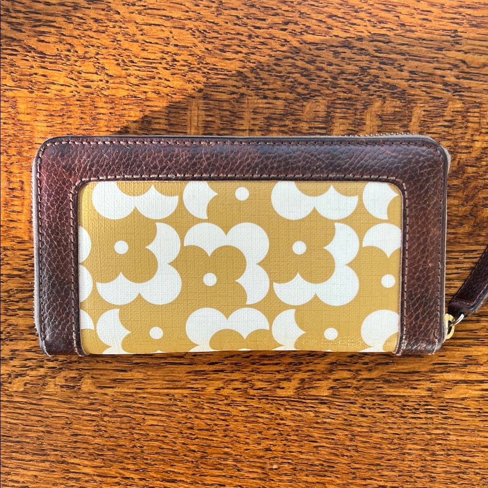 Orla Kiely Mustard Floral Wallet with Dark Brown Trim